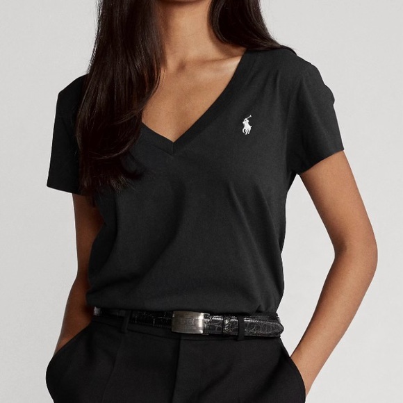 Polo Ralph Lauren Women’s Sz M Polo Black Jersey V Neck Tee - Picture 1 of 15